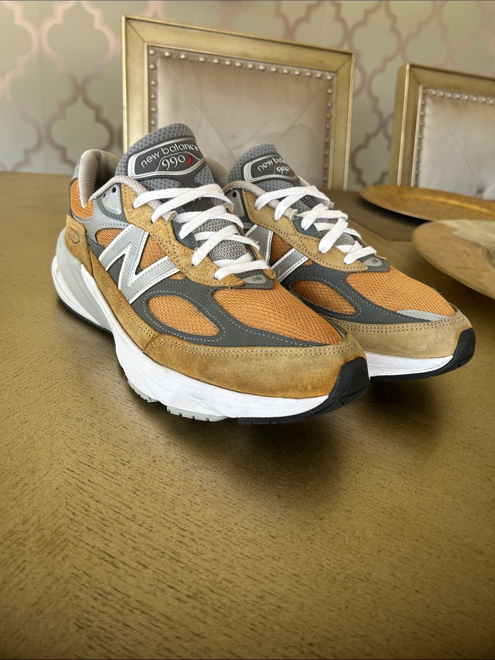 New Balance Men's 990 Sneakers in Orange and Tan with Gray Accents